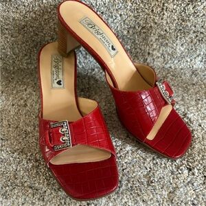 Brighton Red Croc-Patterned Mules with Silver Buckle